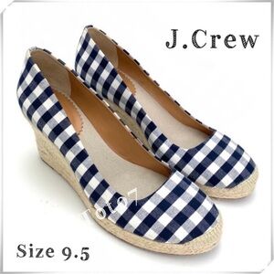 J.CREW Gingham Check Canvas Espadrilles Wedge Heel Blue / White Size 9.5 # E8117